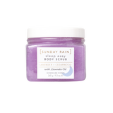 Purple jar of Sunday Rain Sleep Easy Body Scrub on a white background