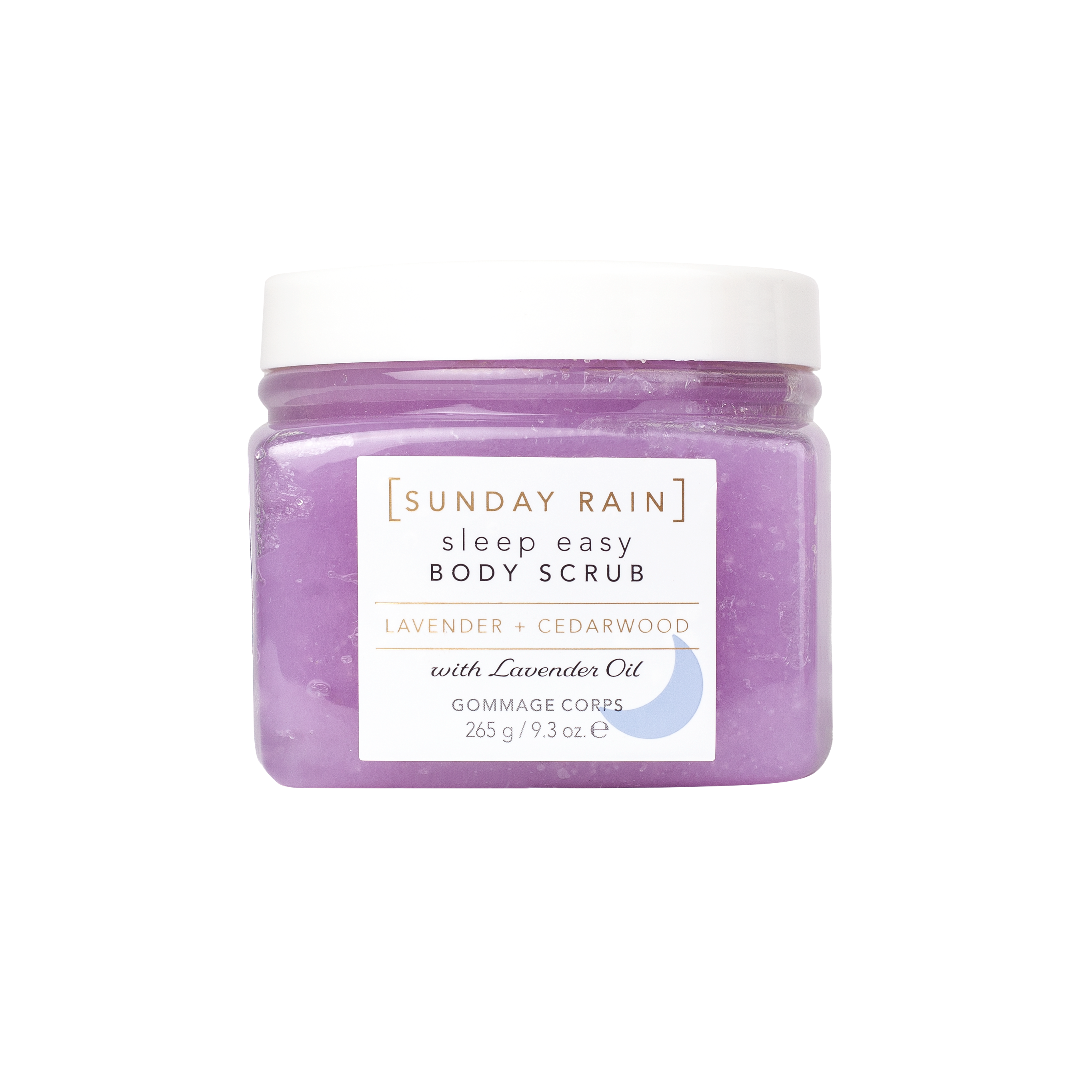 Purple jar of Sunday Rain Sleep Easy Body Scrub on a white background