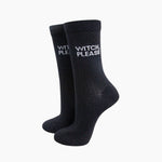 Black socks with 'Witch, Please' text on a white background