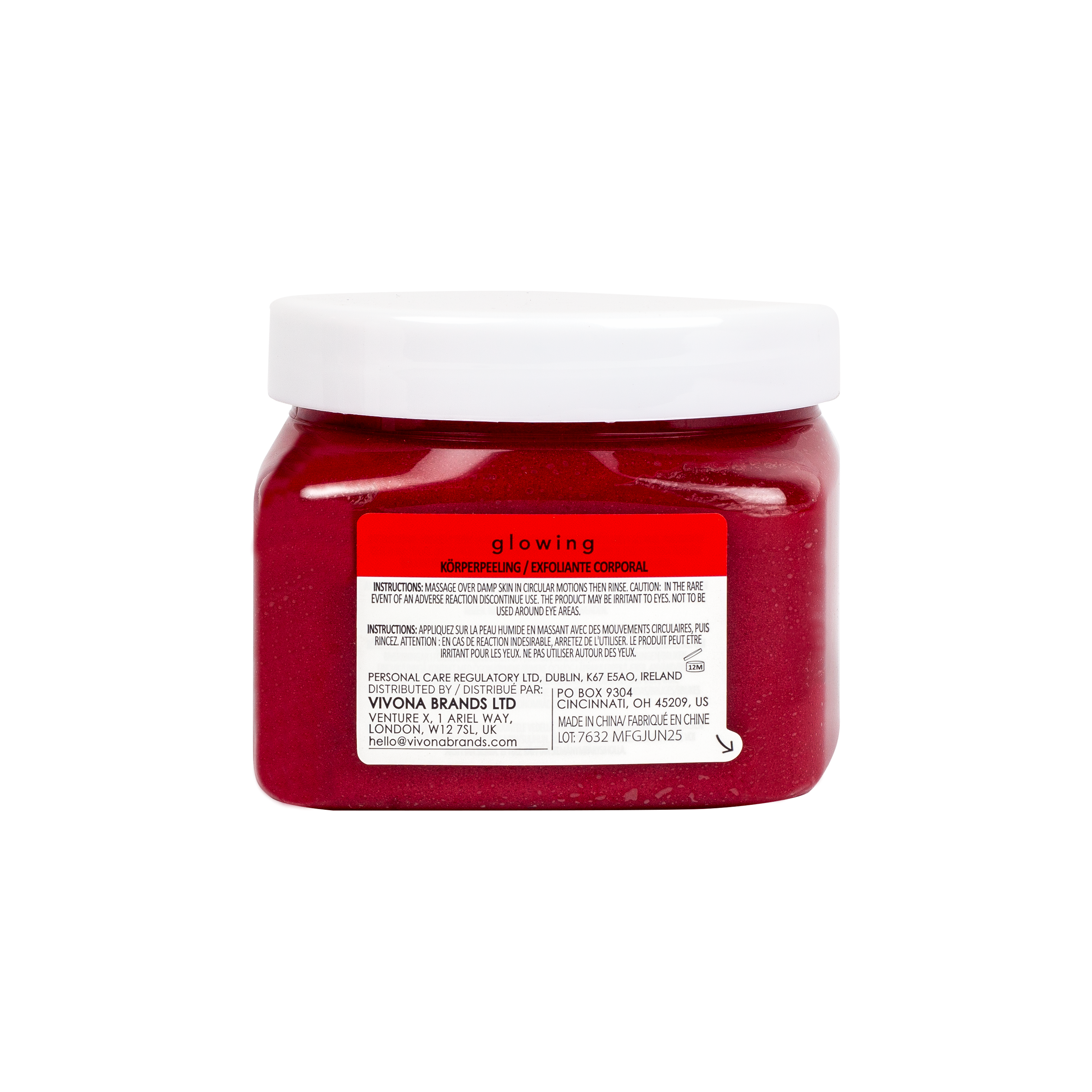A jar of Glowing body scrub in a deep berry red shade, featuring a white lid and a white label with red and black text, shown against a plain white background.