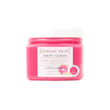 Pink body scrub jar with a white label on a white background