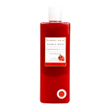 A 300 ml bottle of Sunday Rain Bubble Bath in Pomegranate + Fig scent, filled with vibrant red liquid and featuring a white cap and label, set against a plain white background.