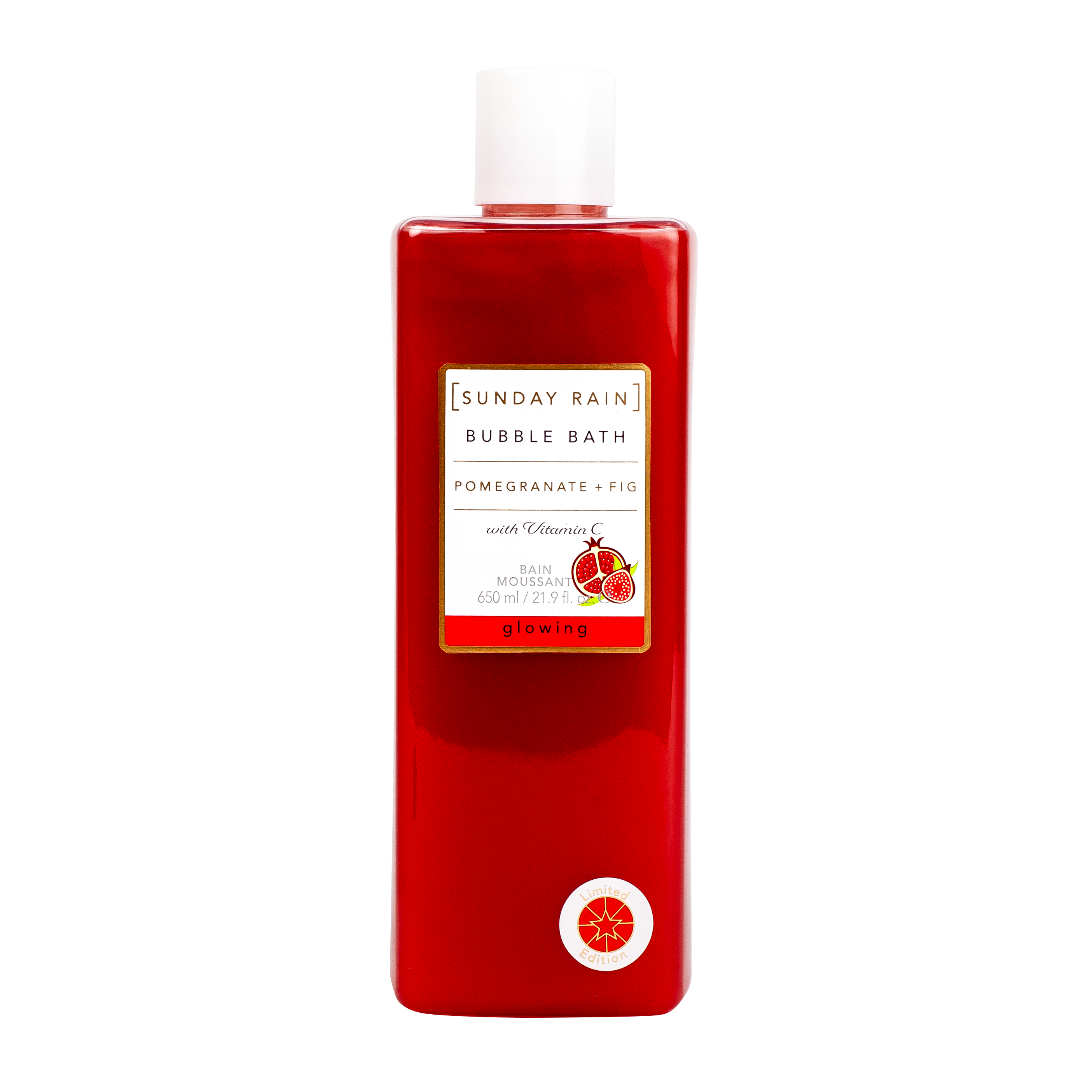 A 300 ml bottle of Sunday Rain Bubble Bath in Pomegranate + Fig scent, filled with vibrant red liquid and featuring a white cap and label, set against a plain white background.