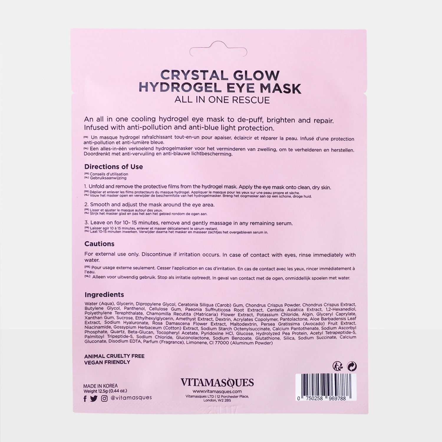 Crystal Glow Hydrogel Eye Mask packaging with text on a white background