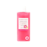 Pink bottle of Sunday Rain bubble bath on a white background