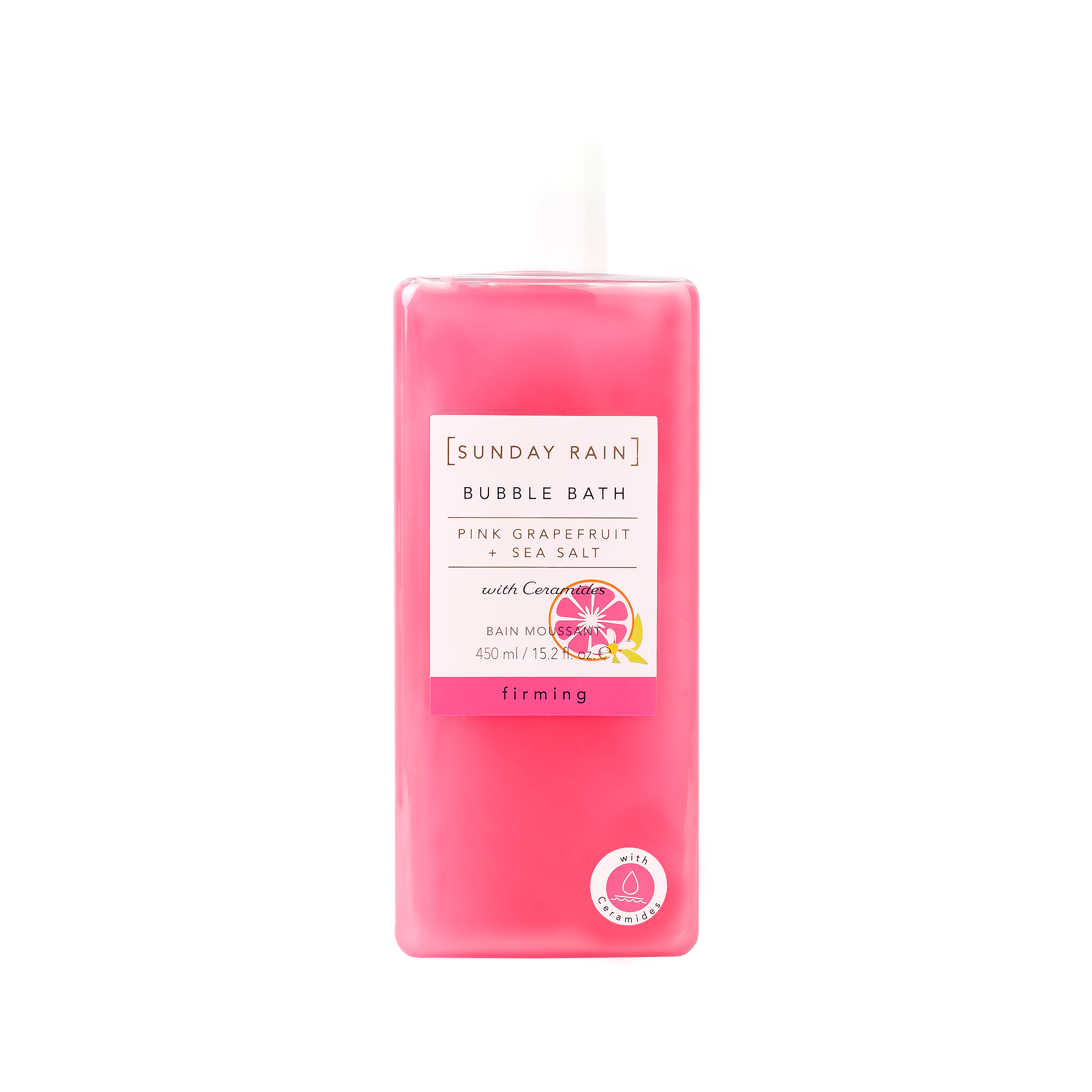 Pink bottle of Sunday Rain bubble bath on a white background
