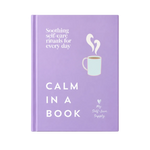 A lavender hardcover journal standing upright on a light marble surface against a warm off-white background. The cover features white text reading 'Soothing self-care rituals for every day', 'CALM IN A BOOK', a simple illustration of a mint green mug with white steam, and the brand name 'My Self-Love Supply' at the bottom right.