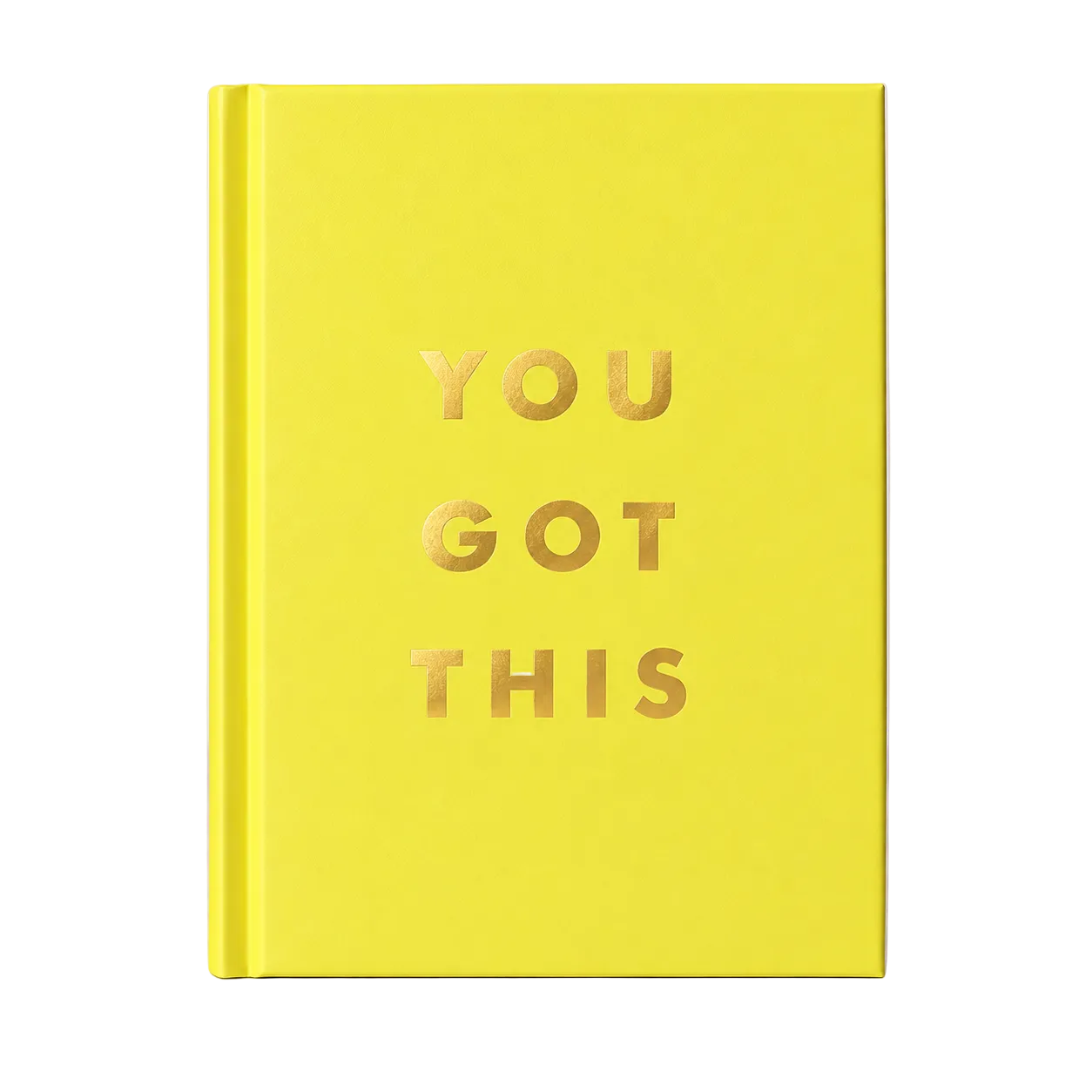 A hardcover notebook or journal in bright yellow with the phrase 'YOU GOT THIS' printed in metallic gold foil letters on the front cover, standing upright on a light marble-like surface against a soft light gray background.