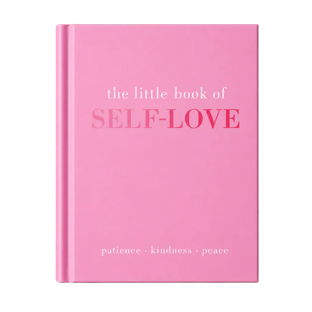 A pink hardcover book titled 'the little book of SELF-LOVE' with the subtitle 'patience • kindness • peace' on a light marble surface against a neutral background.