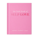 A pink hardcover book titled 'the little book of SELF-LOVE' with the subtitle 'patience • kindness • peace' on a light marble surface against a neutral background.