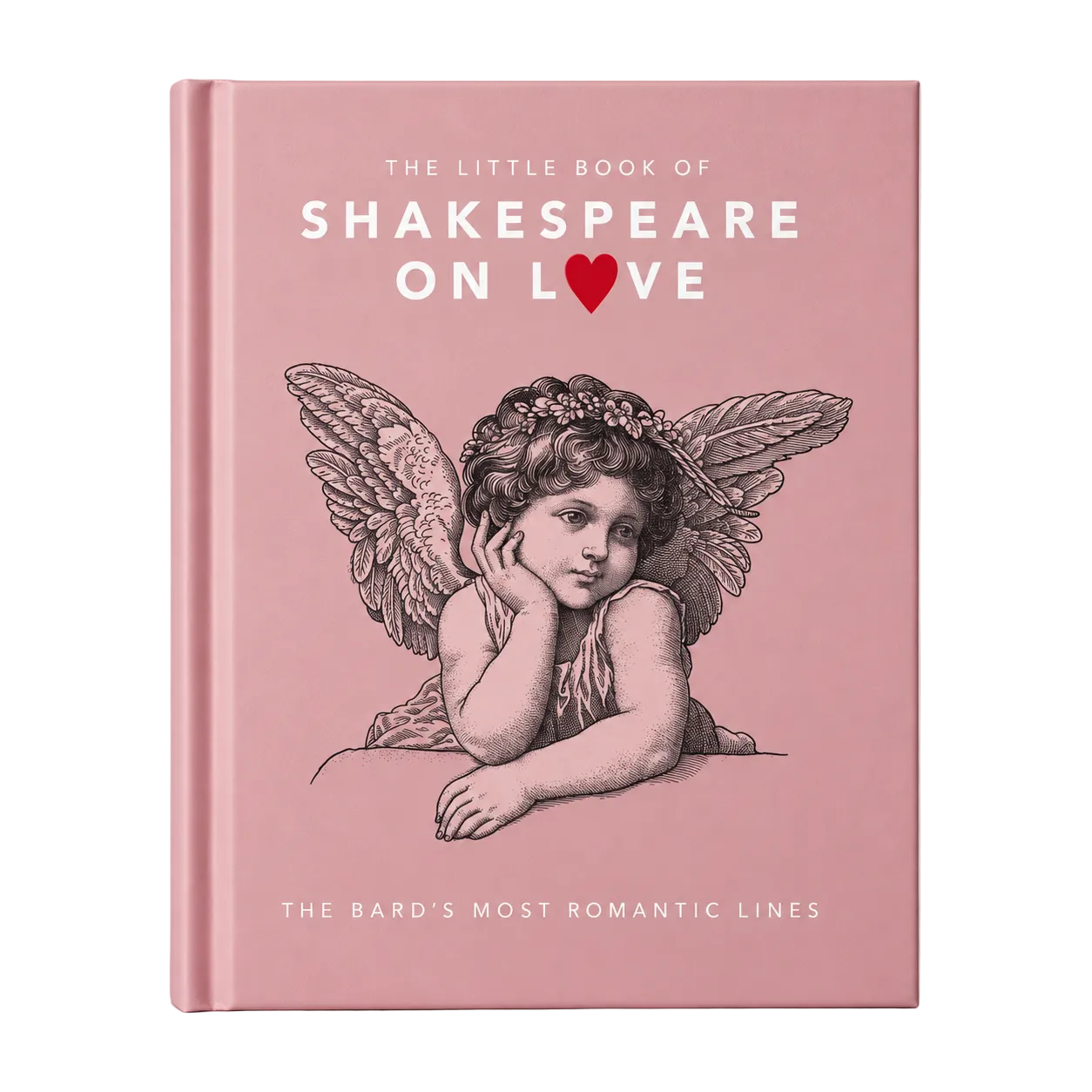 A pink hardcover book titled 'The Little Book of Shakespeare on Love' featuring a black line-art illustration of a winged cherub on the front cover, photographed upright against a light neutral background.