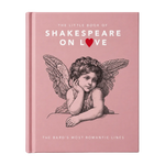 A pink hardcover book titled 'The Little Book of Shakespeare on Love' featuring a black line-art illustration of a winged cherub on the front cover, photographed upright against a light neutral background.