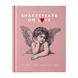 A pink hardcover book titled 'The Little Book of Shakespeare on Love' featuring a black line-art illustration of a winged cherub on the front cover, photographed upright against a light neutral background.