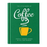 A hardcover book titled 'The Little Book of Coffee' with a green cover, white script lettering, and a yellow coffee cup graphic, standing upright on a light marble surface against a soft neutral background.