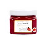 A jar of Sunday Rain Body Scrub, Pomegranate + Fig, featuring a deep red scrub visible through the clear container, a white lid, and a white label with gold accents.