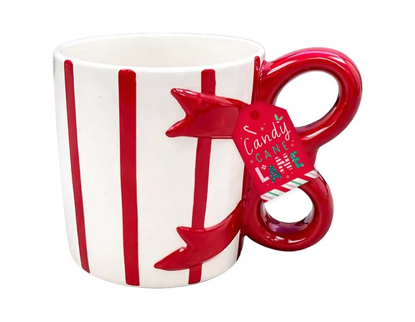 A white ceramic mug with red vertical stripes and a red handle shaped like a candy cane, featuring a hanging tag that reads 'Candy Cane Love'.